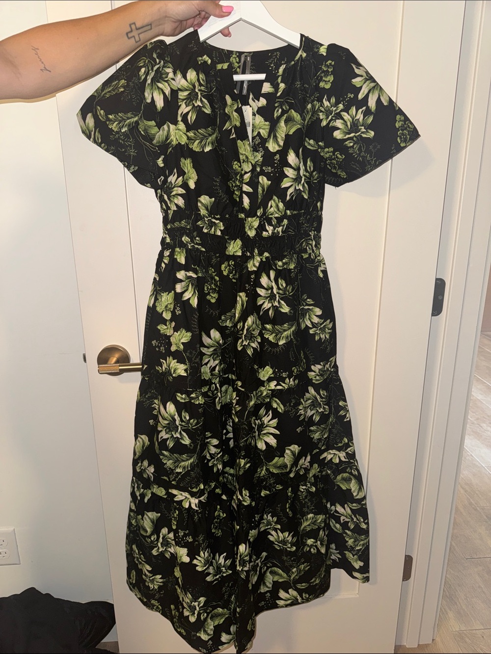 Anthropologie Black Midi Dress with Green Floral Print